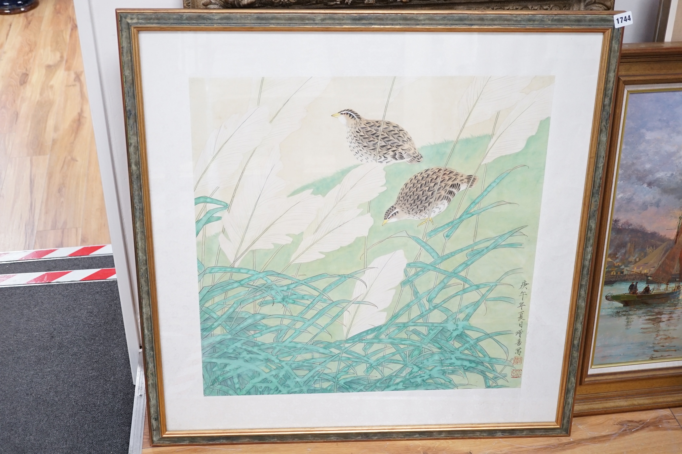 Japanese or Chinese School, watercolour, Two quails amongst reeds, 64 x 63cm. Condition - fair